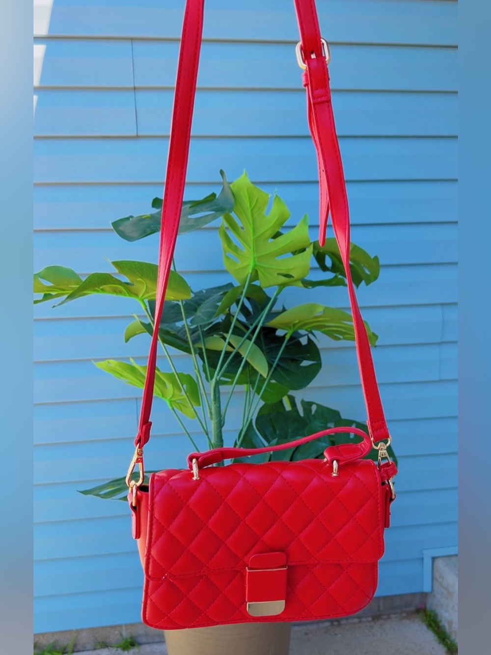 Quilted Red Crossbody Shoulder Bag - Unbranded